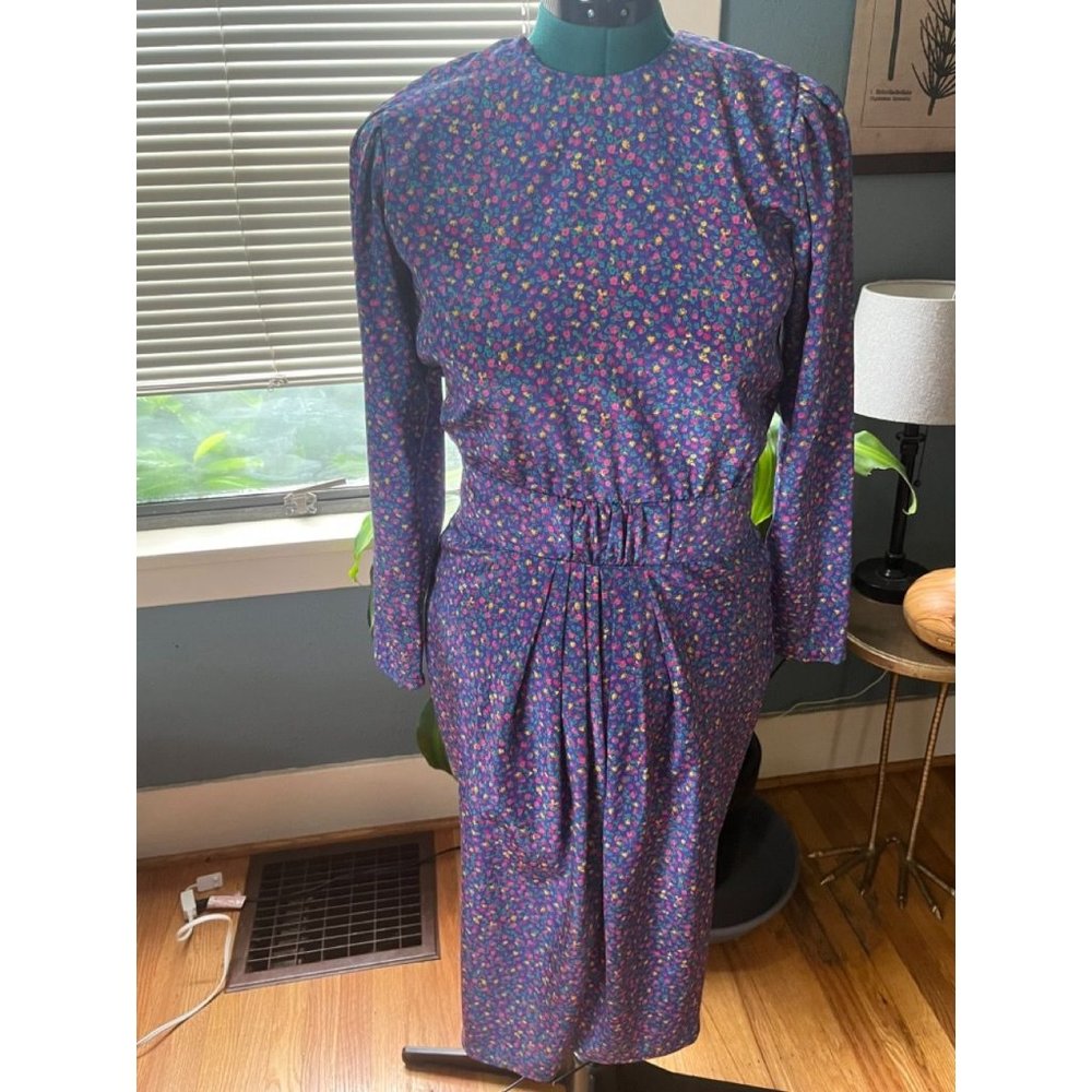 1980s Clifford & Willis Silky Cottagecore Long Sleeve Floral Dress Purple with P